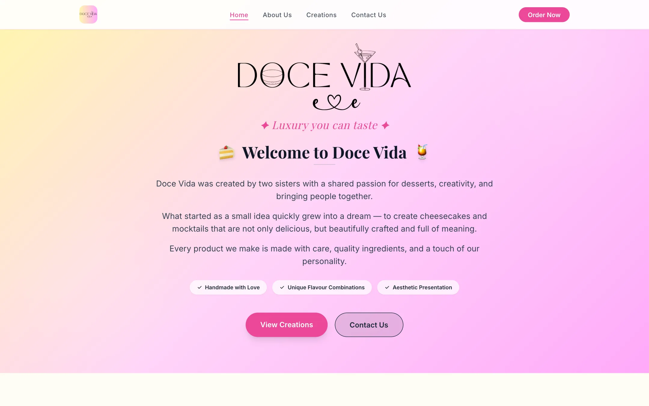Doce Vida homepage — hero on desktop