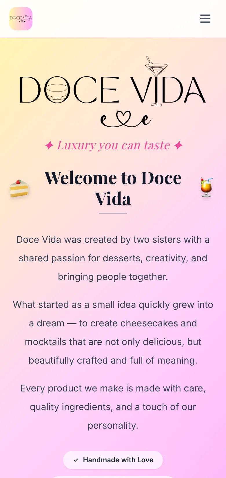 Doce Vida homepage — hero on mobile