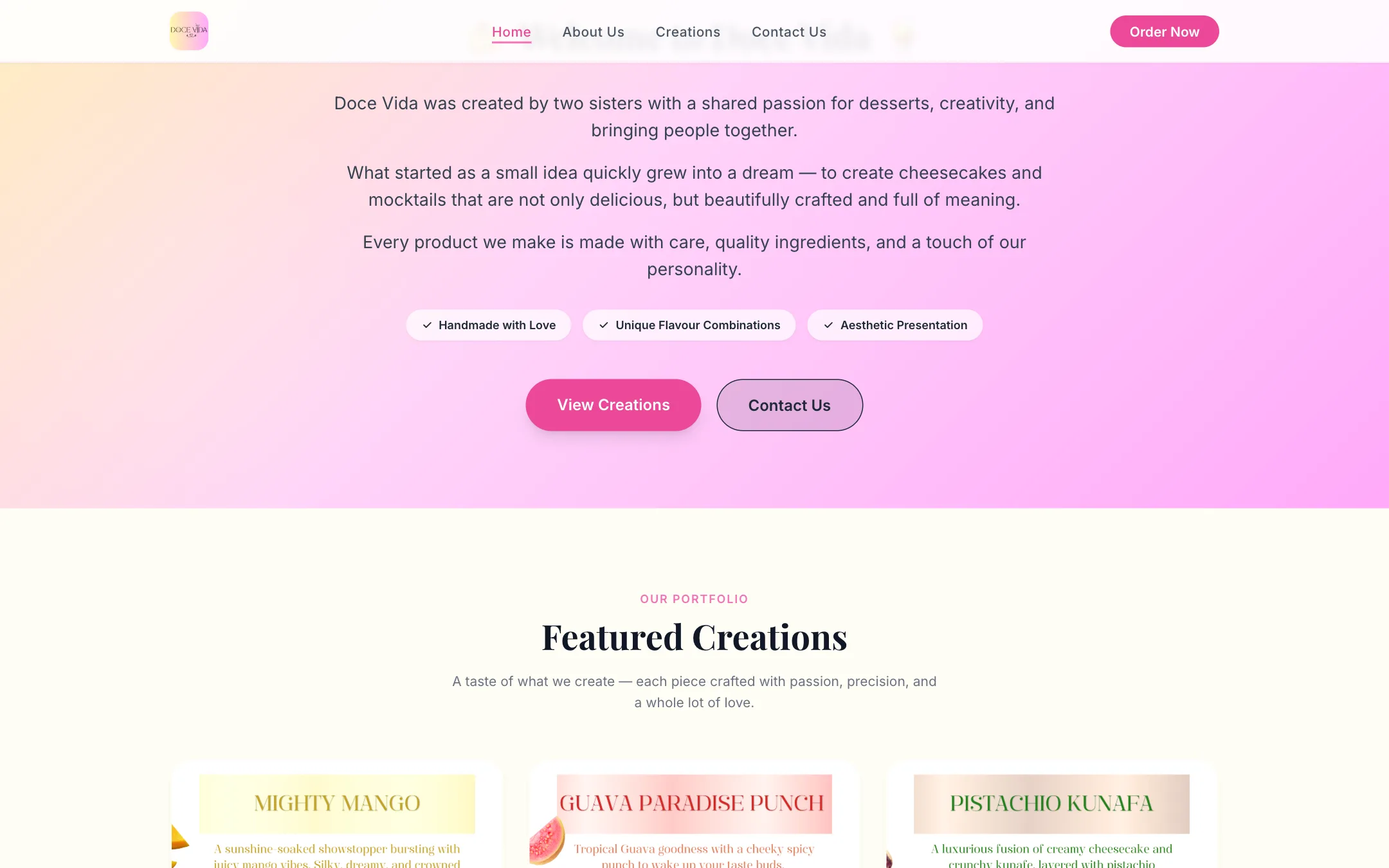 Doce Vida homepage scrolled — about section on desktop