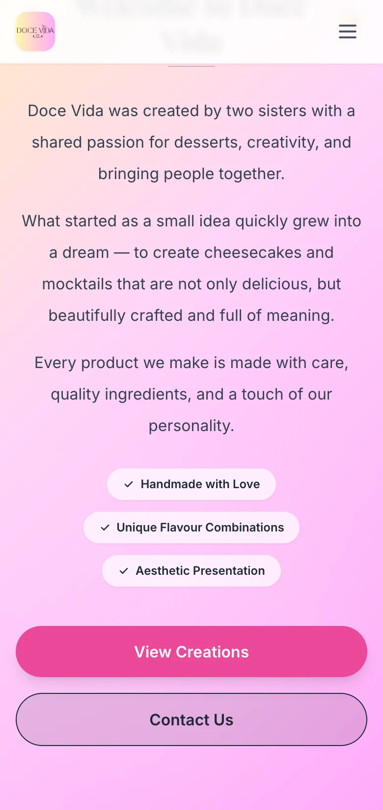 Doce Vida homepage scrolled — about section on mobile