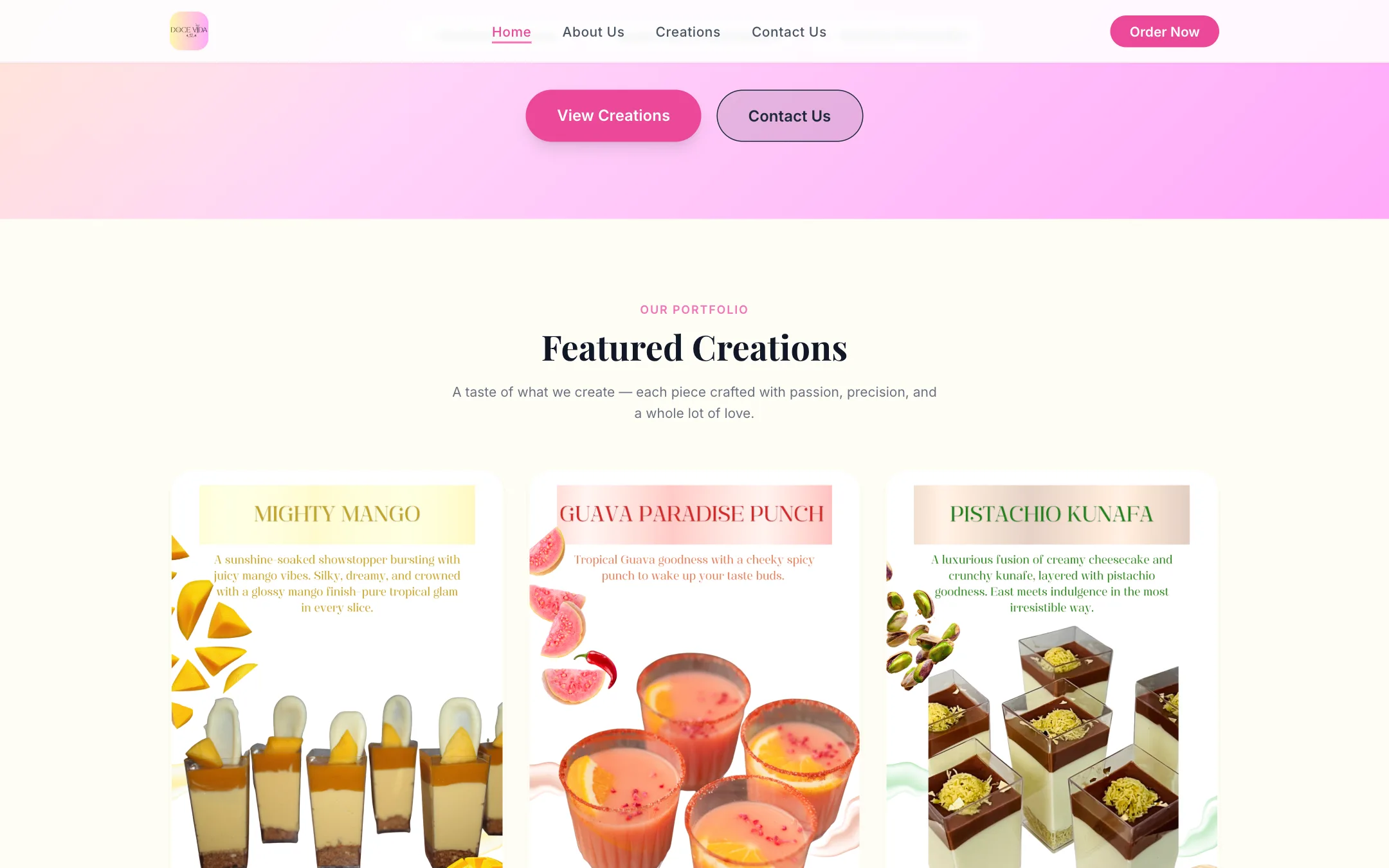 Doce Vida homepage scrolled — mid content on desktop