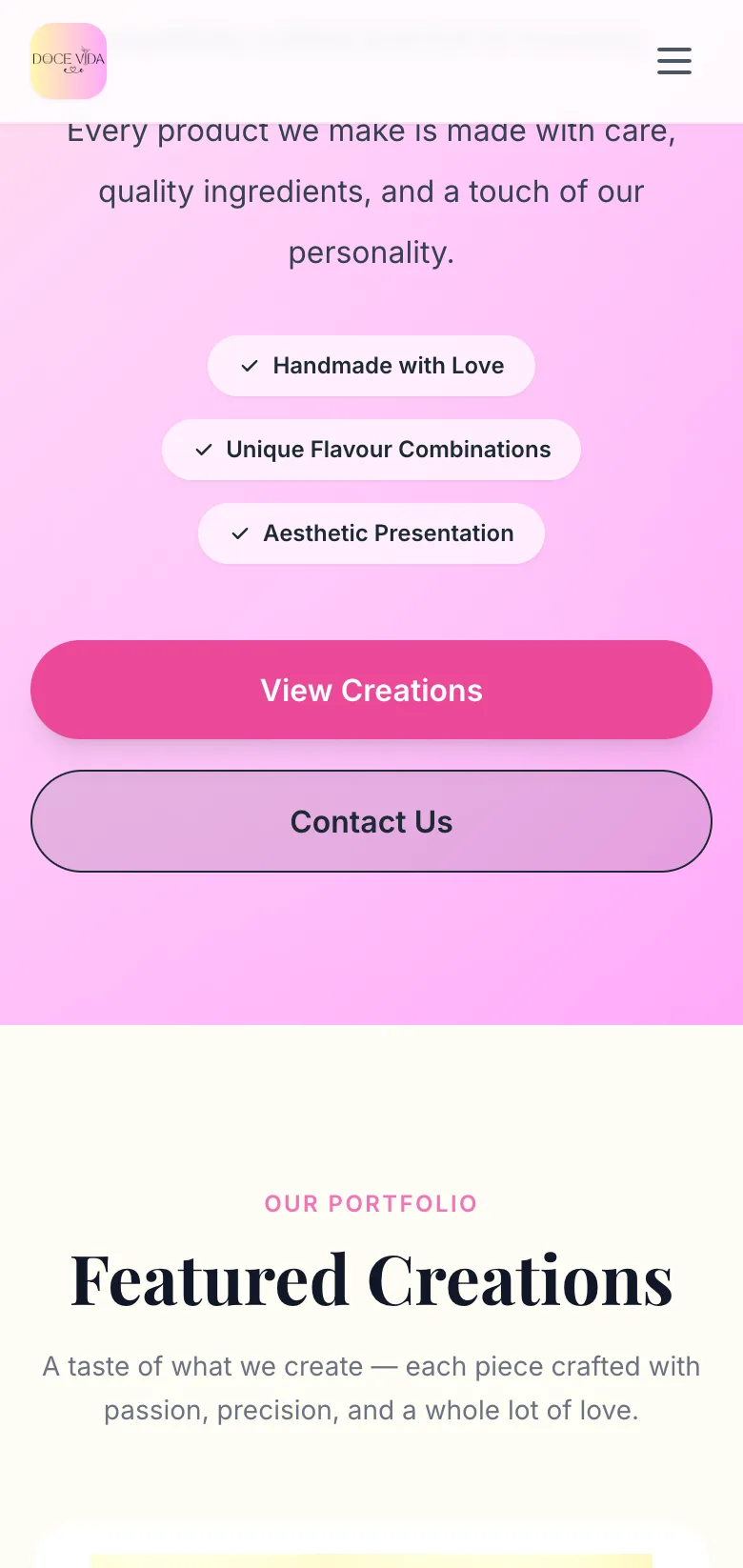 Doce Vida homepage scrolled — mid content on mobile