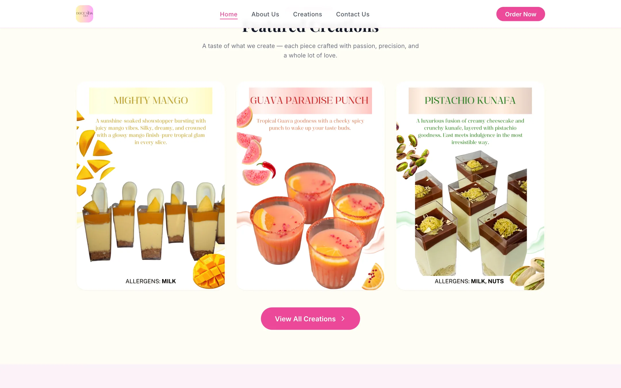 Doce Vida homepage scrolled — lower content on desktop