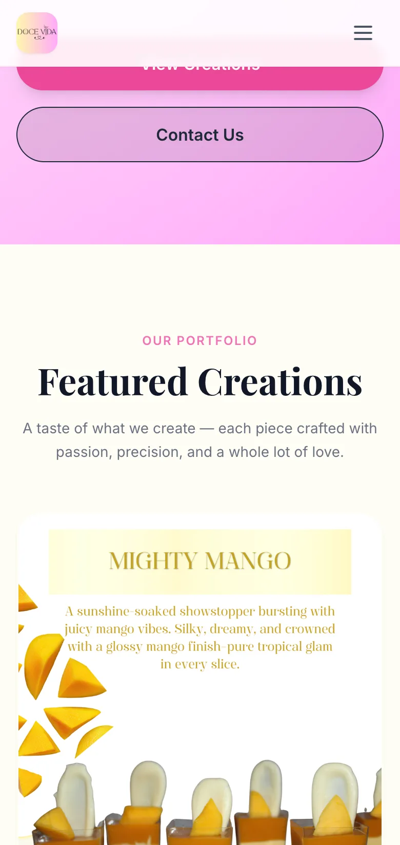 Doce Vida homepage scrolled — lower content on mobile