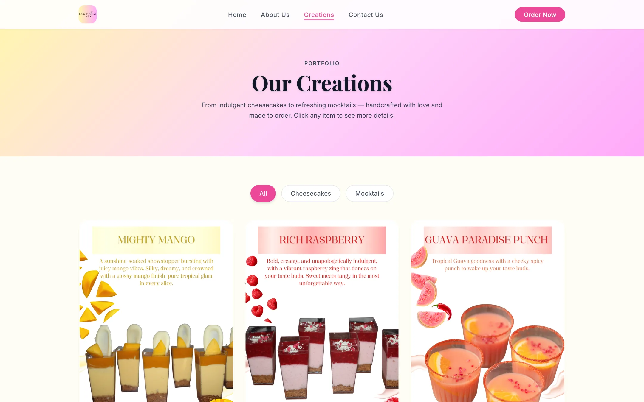 Doce Vida creations gallery — top on desktop