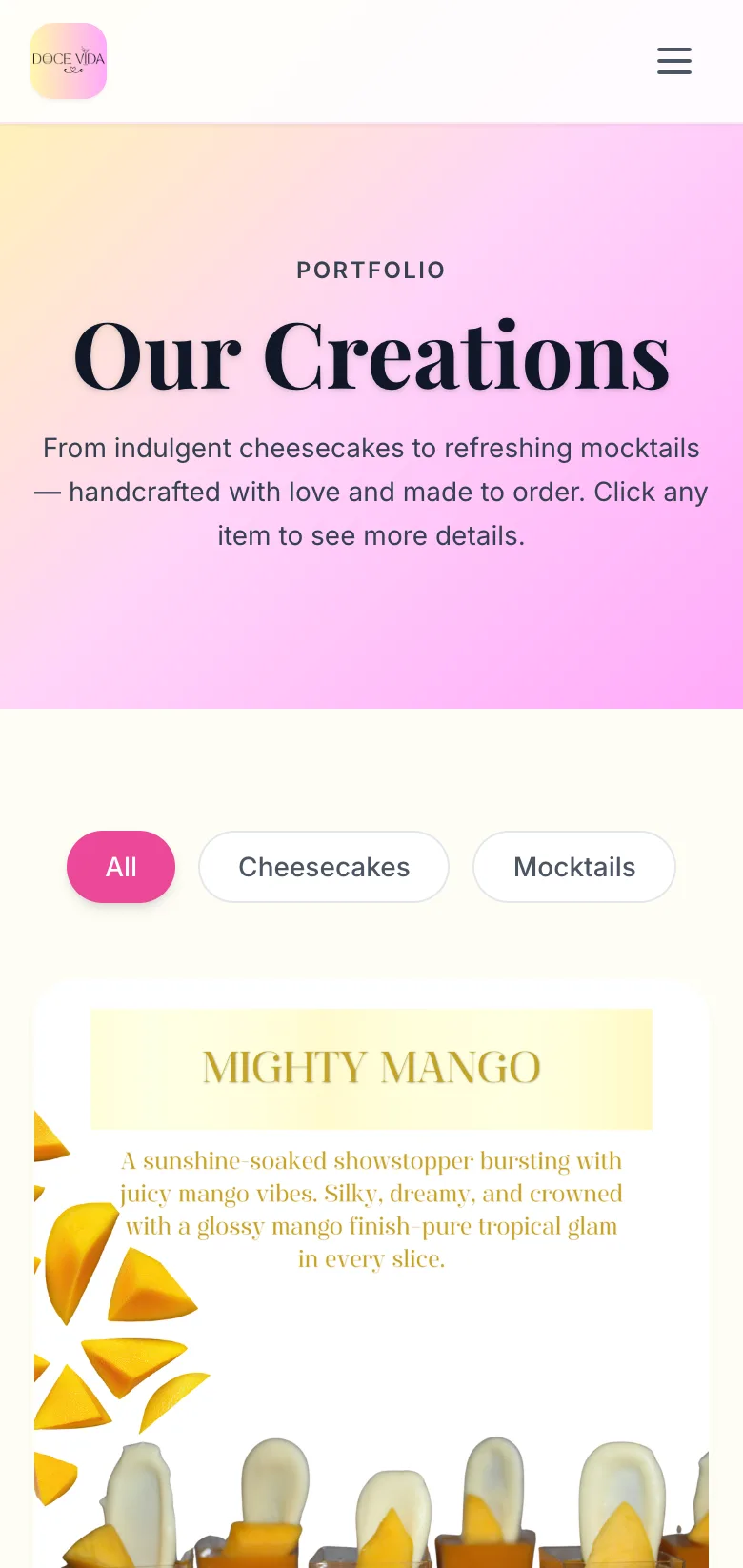 Doce Vida creations gallery — top on mobile