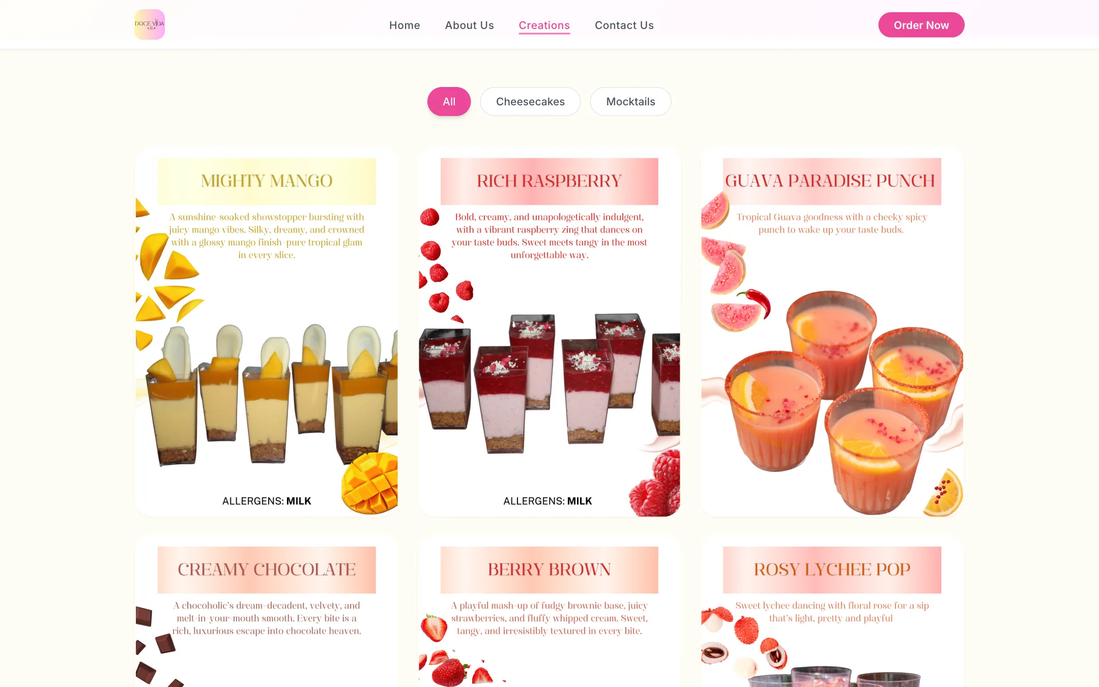Doce Vida creations gallery scrolled on desktop