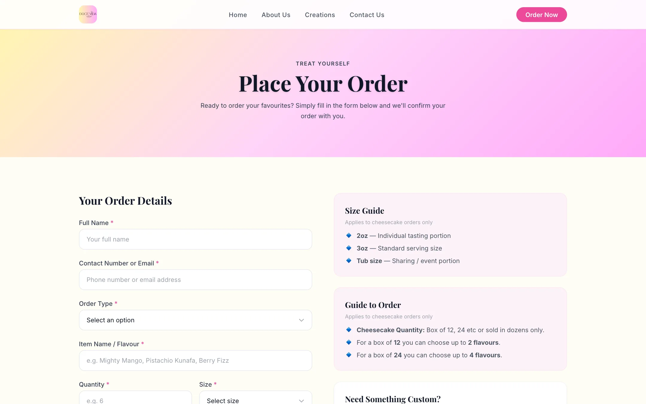 Doce Vida order form — top on desktop