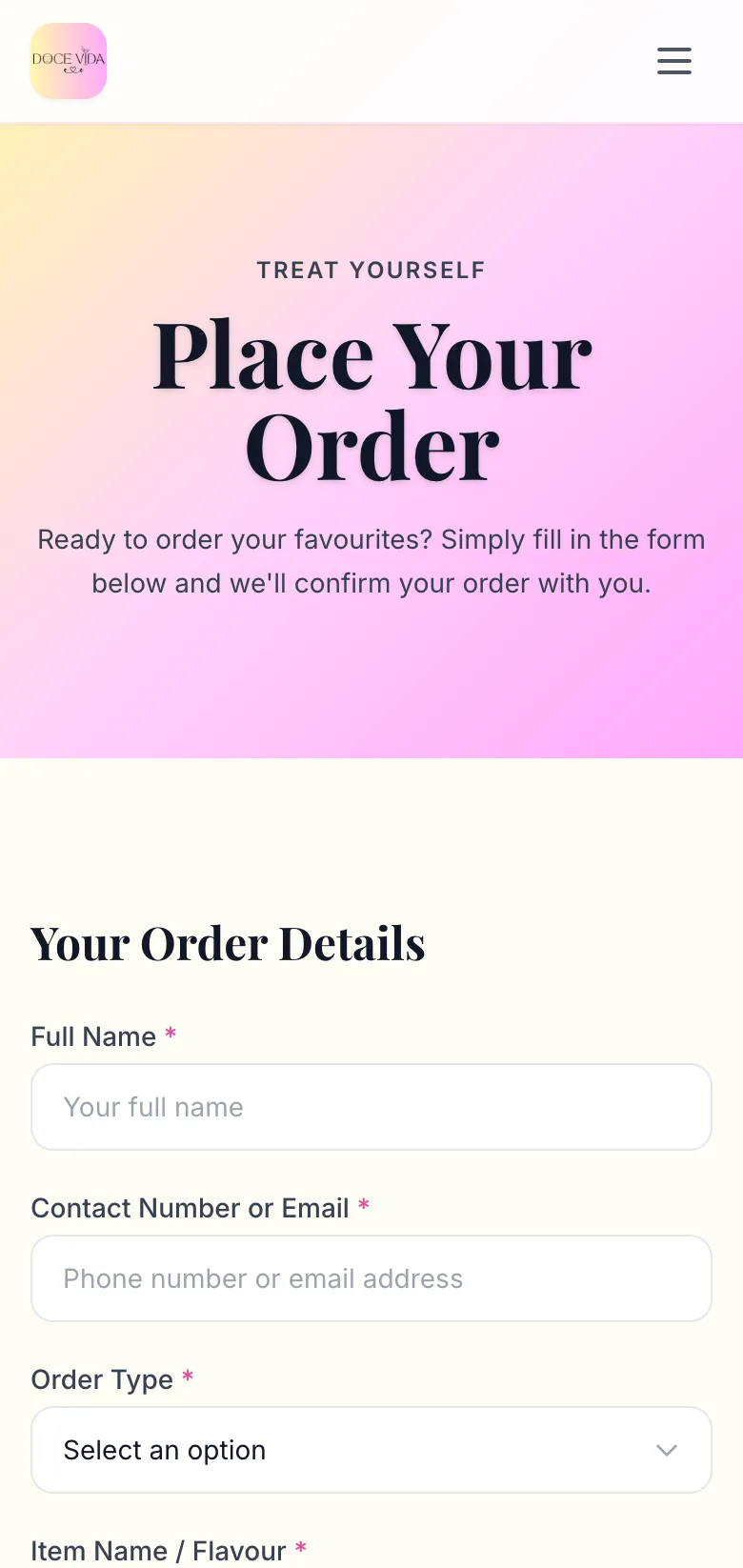 Doce Vida order form — top on mobile