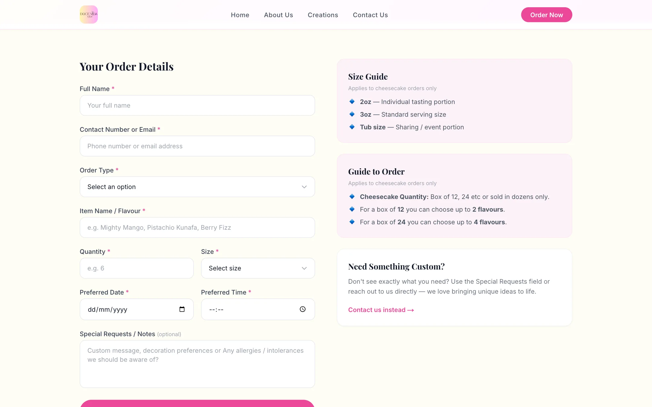 Doce Vida order form scrolled on desktop