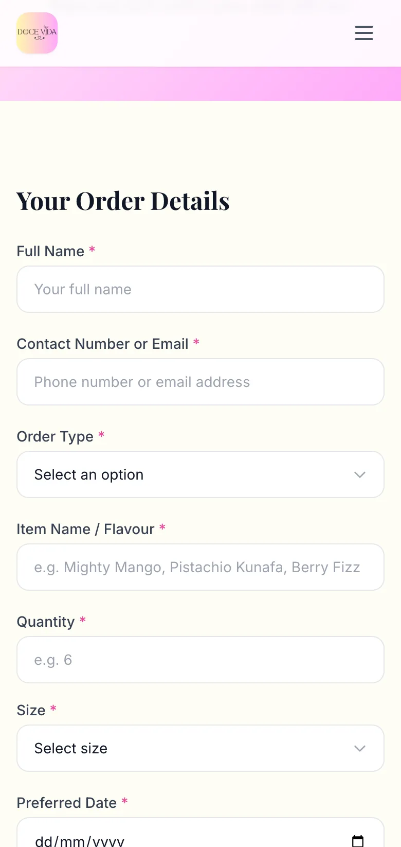 Doce Vida order form scrolled on mobile
