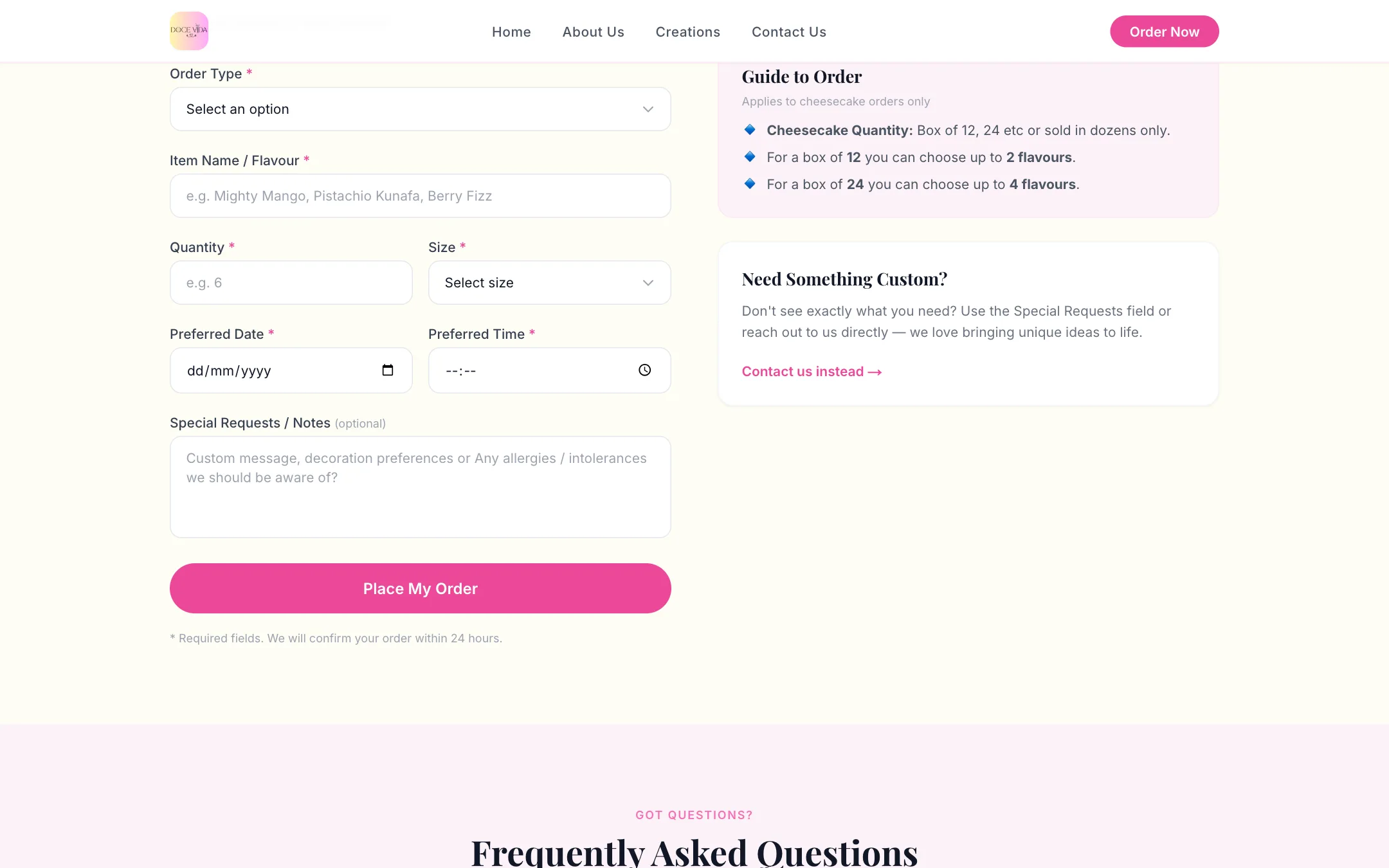Doce Vida order form further scrolled on desktop