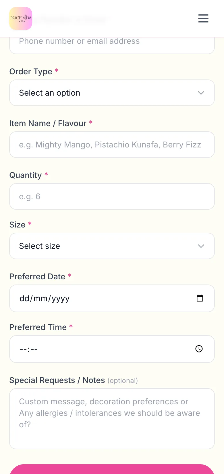 Doce Vida order form further scrolled on mobile