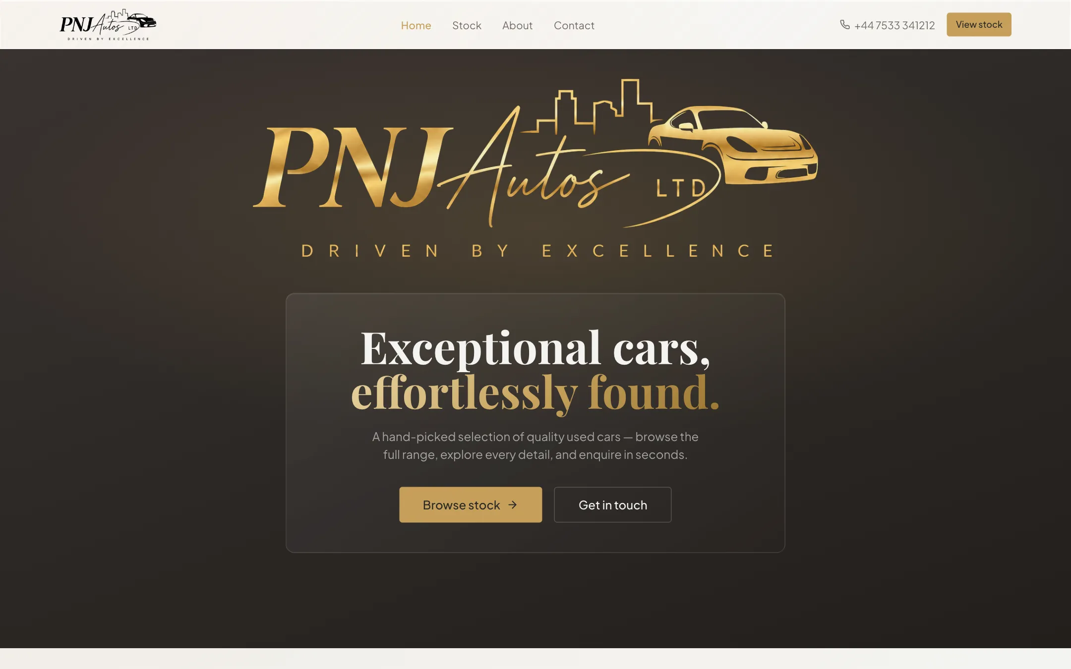 PNJ Autos homepage — hero on desktop