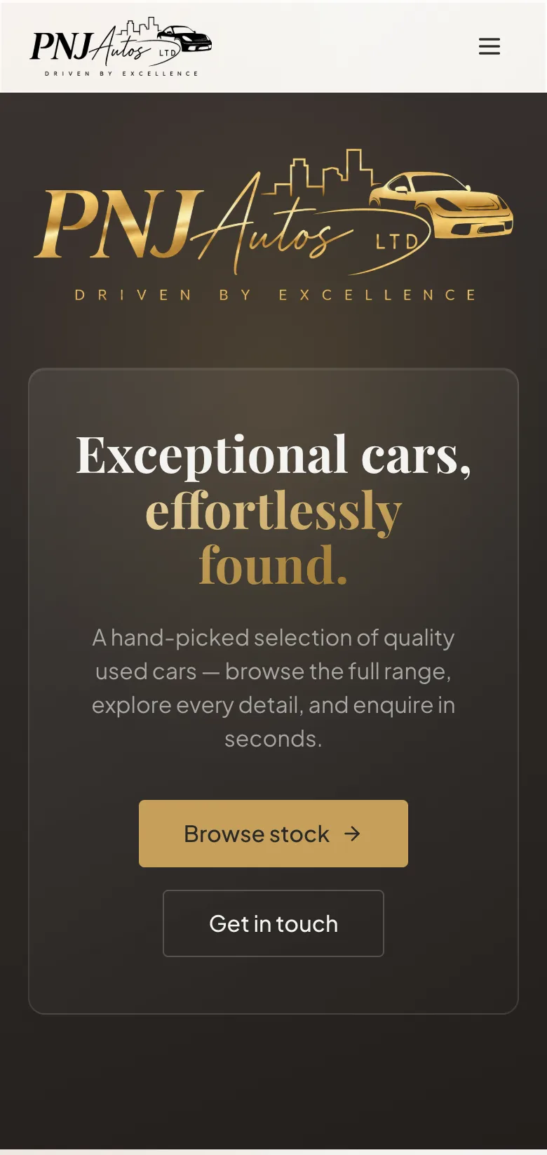 PNJ Autos homepage — hero on mobile