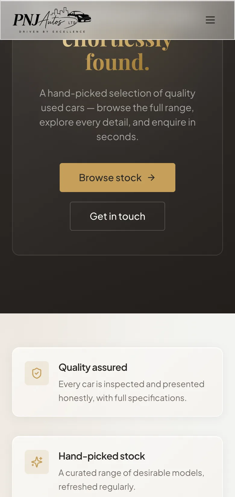 PNJ Autos homepage scrolled on mobile