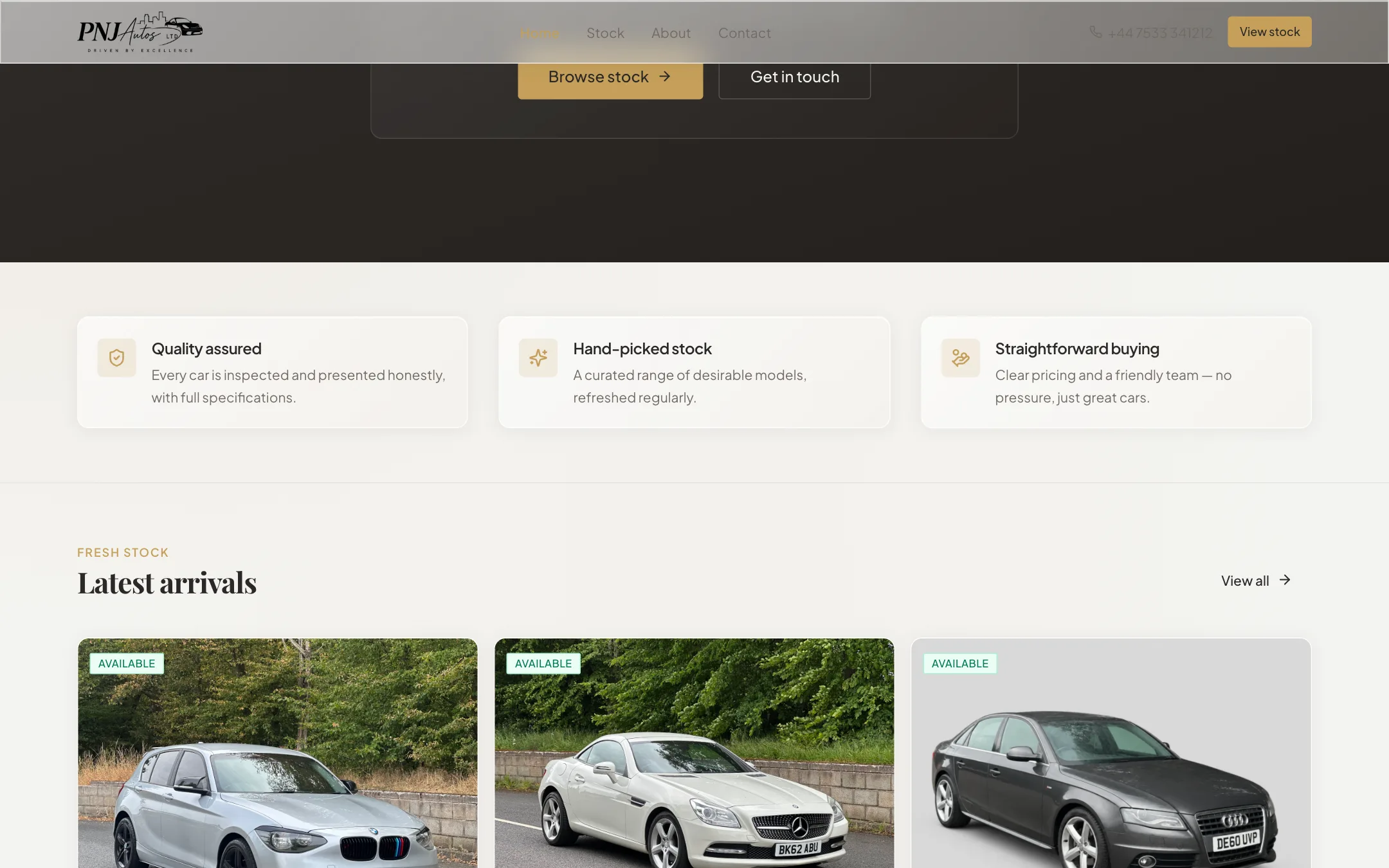 PNJ Autos homepage scrolled — featured stock on desktop