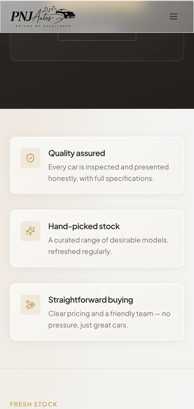 PNJ Autos homepage scrolled — featured stock on mobile