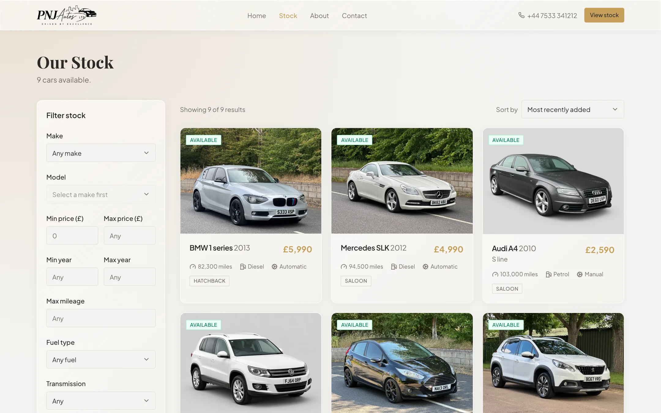 PNJ Autos stock listing — top on desktop