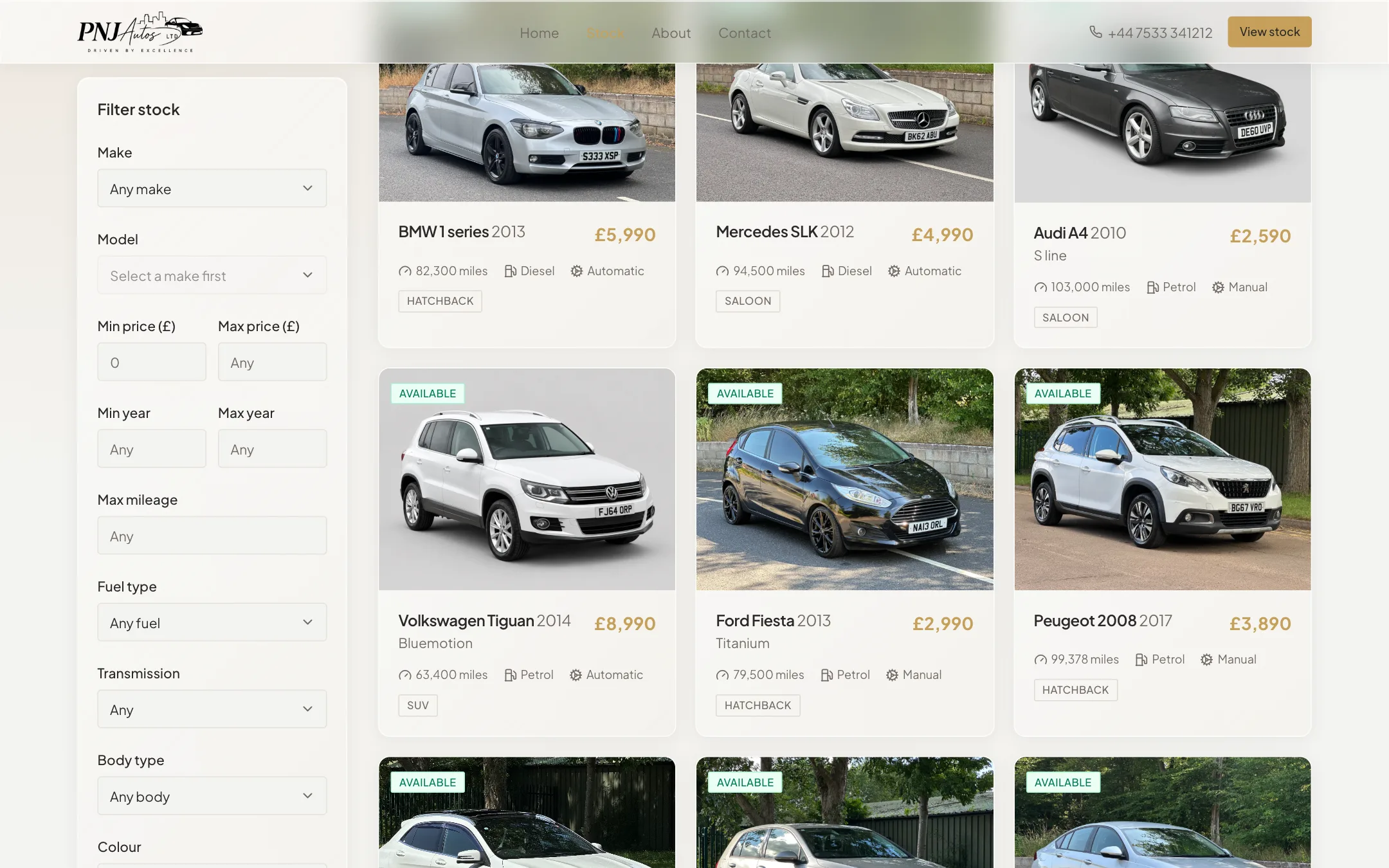 PNJ Autos stock listing scrolled on desktop