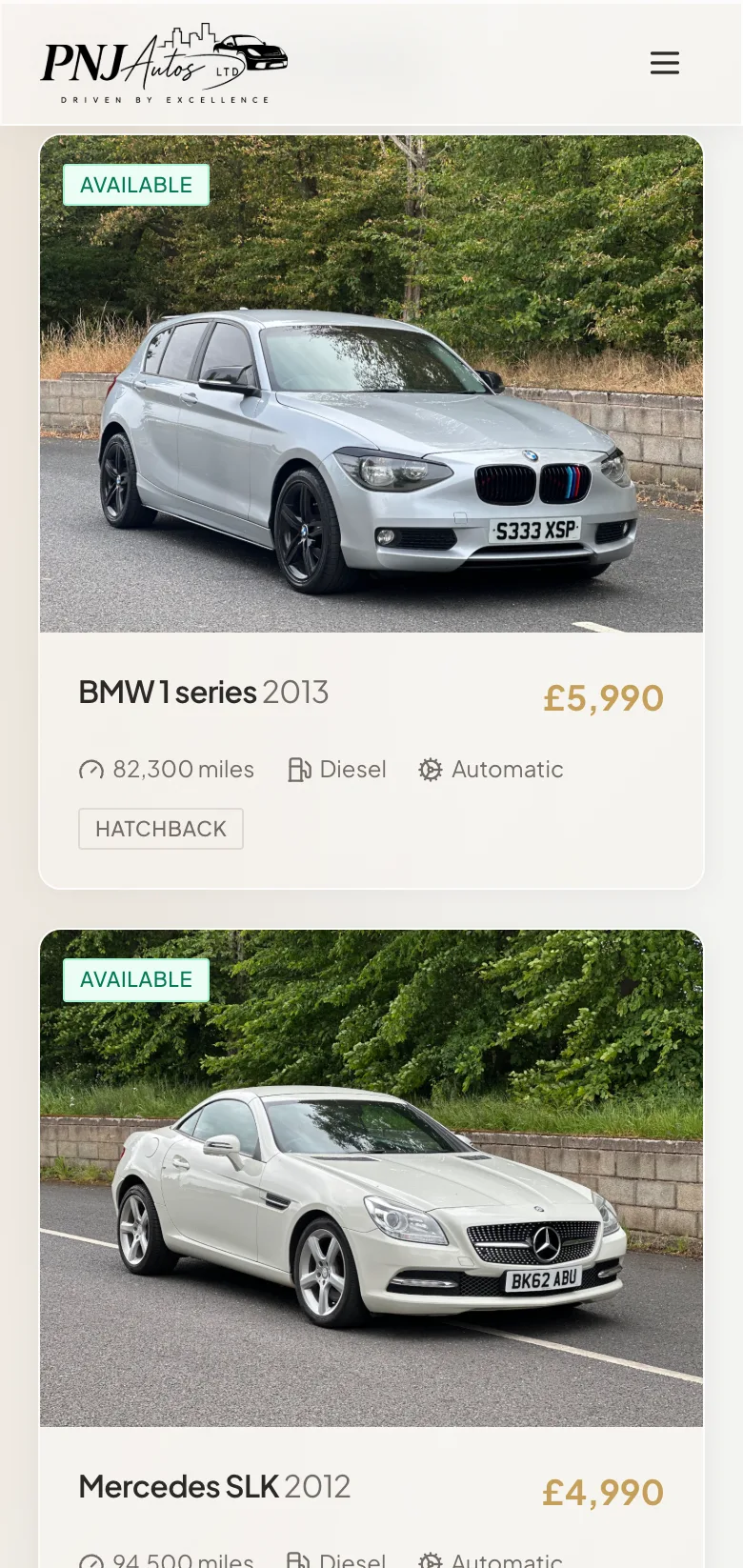 PNJ Autos stock listing scrolled on mobile