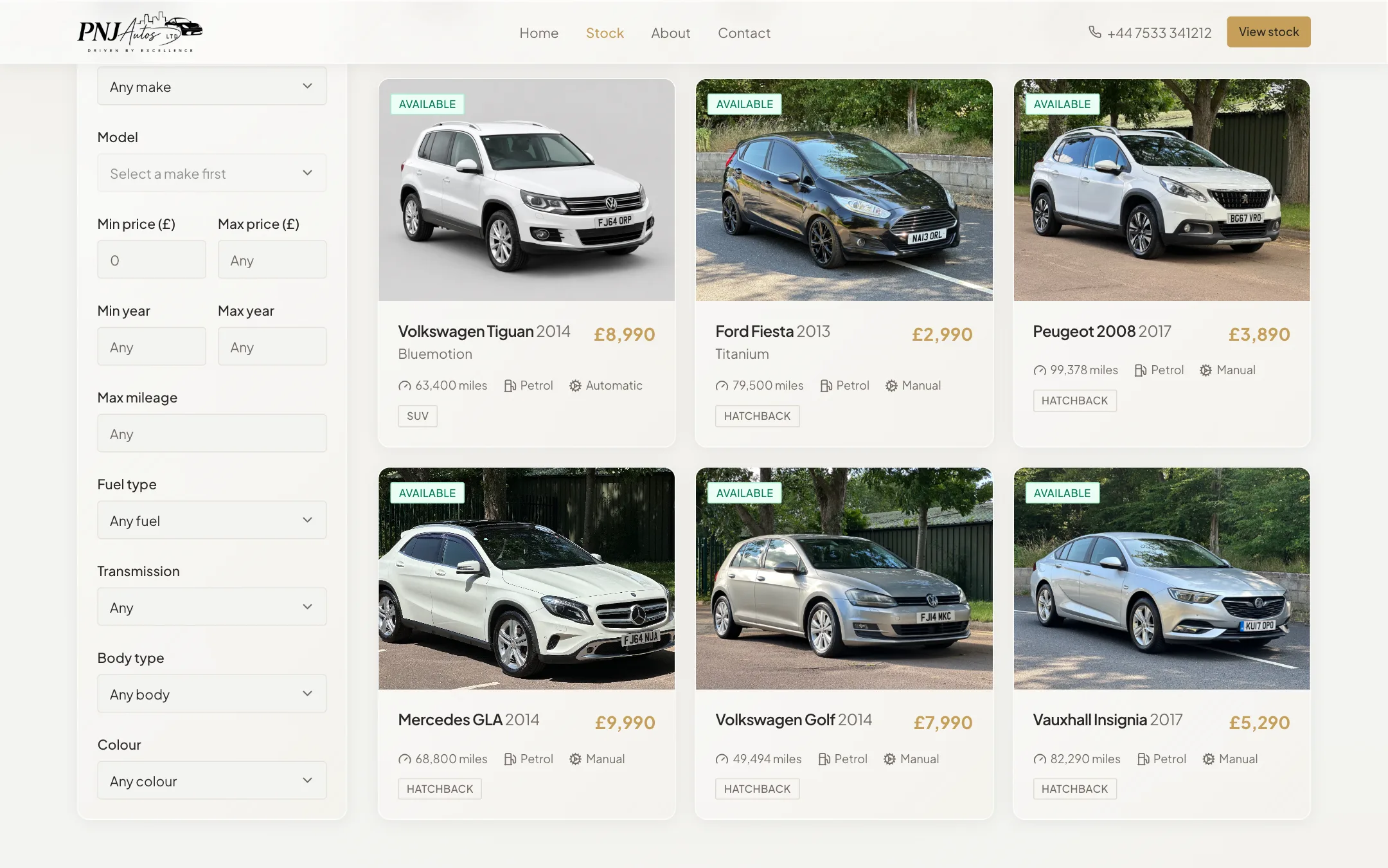 PNJ Autos stock listing further scrolled on desktop