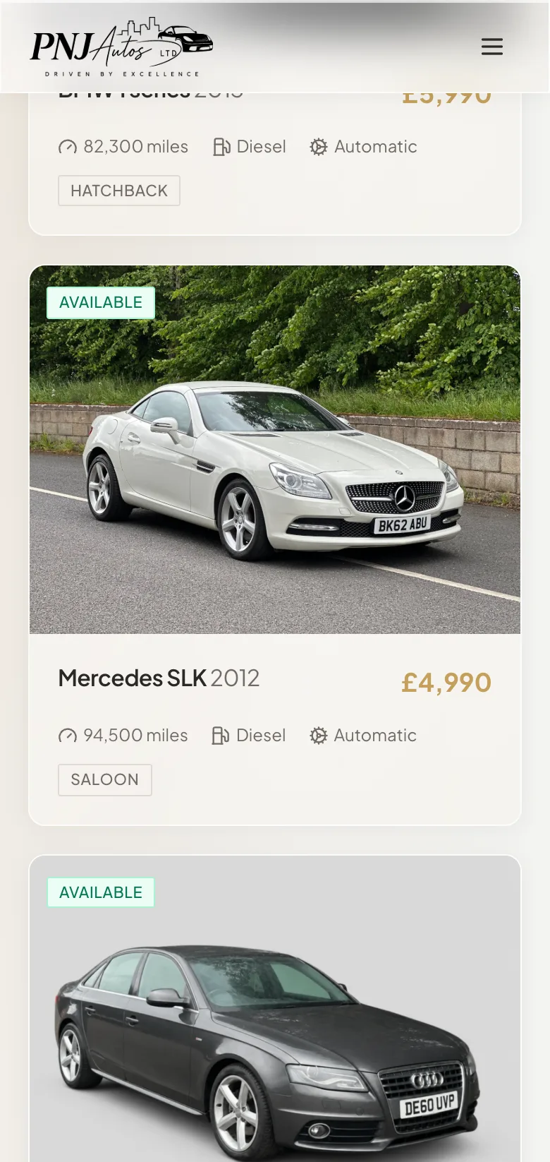 PNJ Autos stock listing further scrolled on mobile