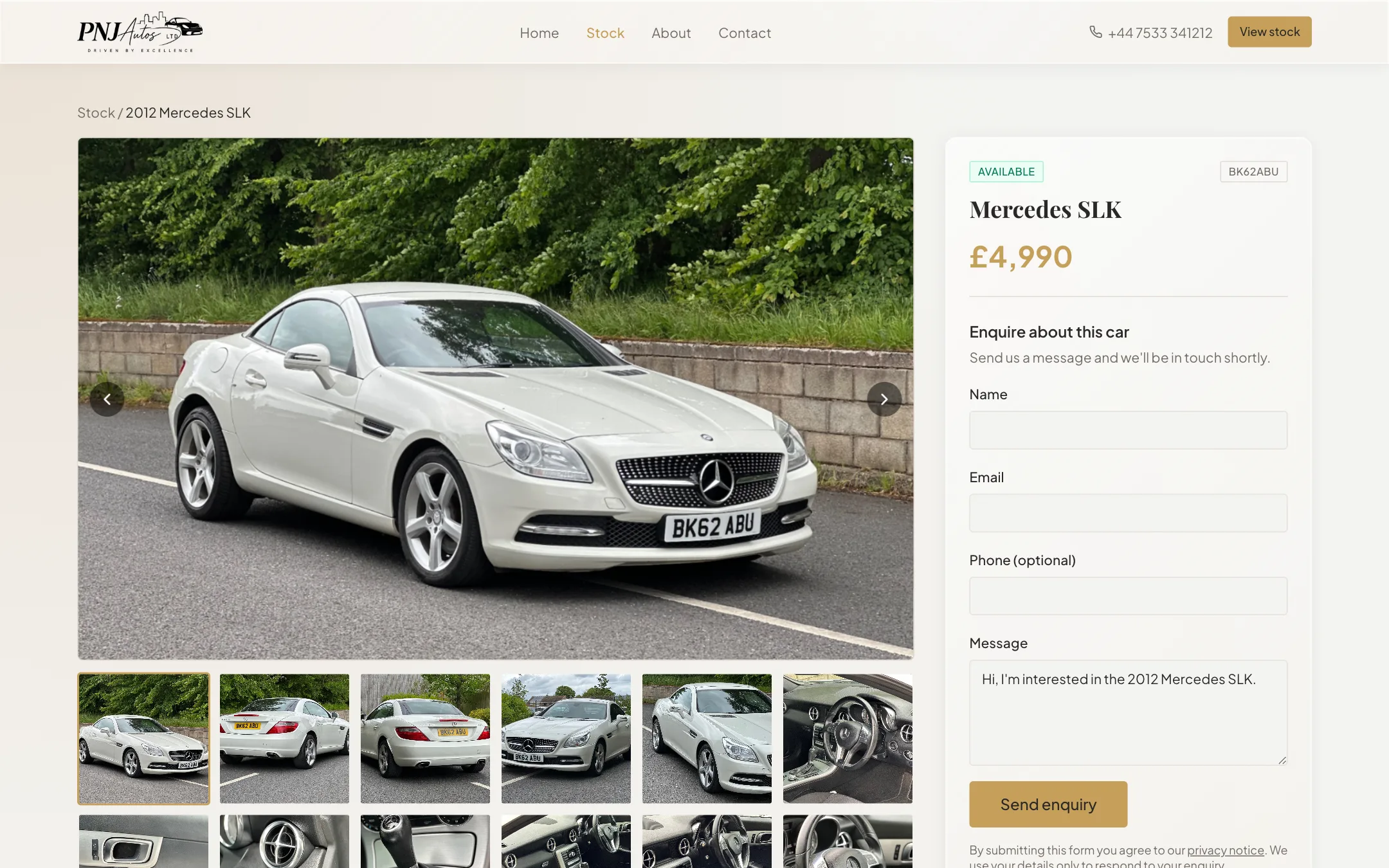 PNJ Autos car detail — Mercedes SLK, top on desktop