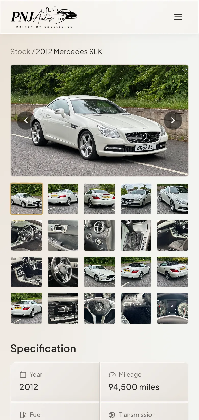 PNJ Autos car detail — Mercedes SLK, top on mobile