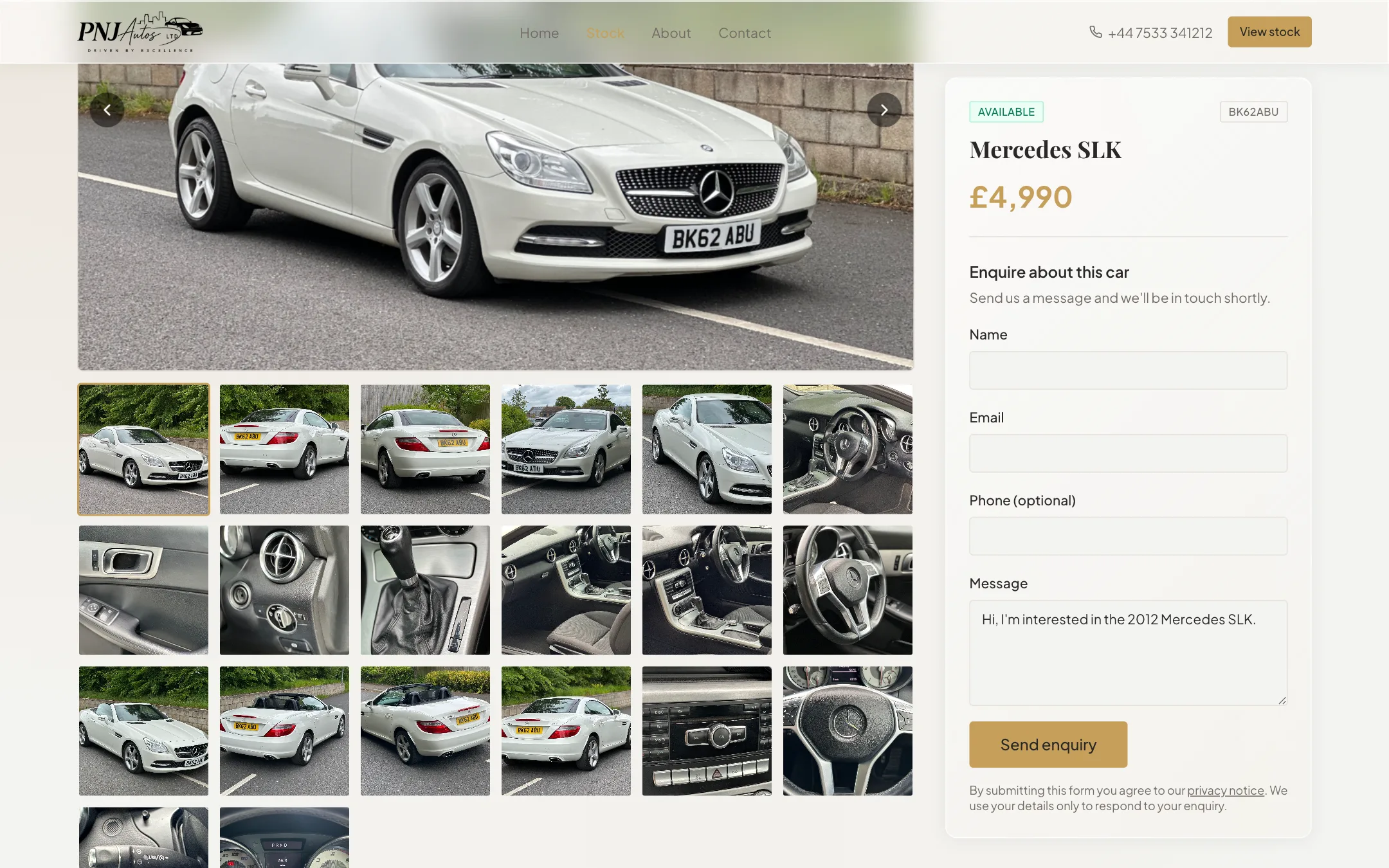 PNJ Autos car detail — specs on desktop