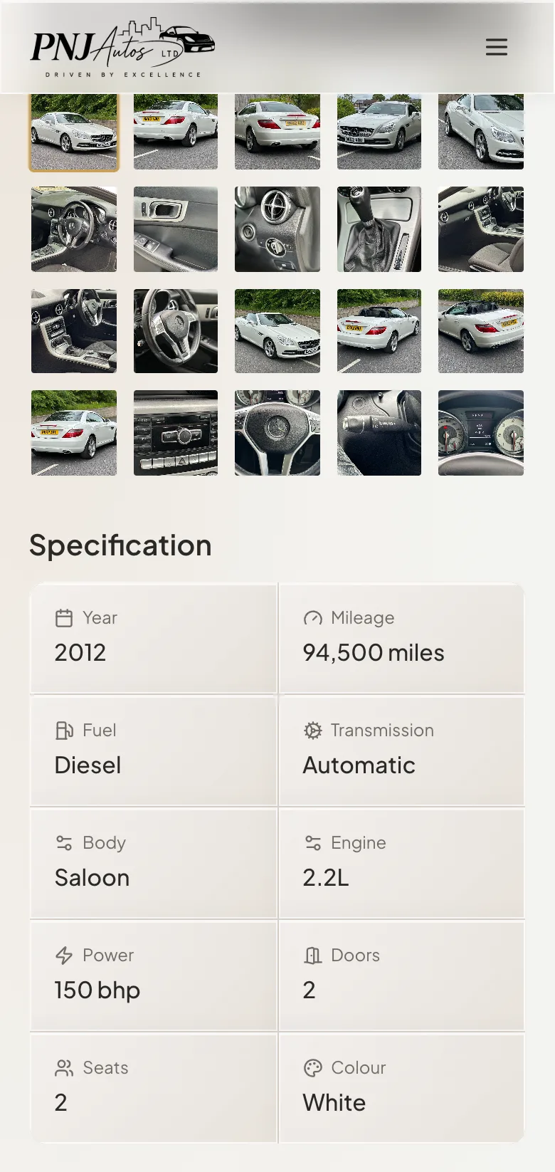 PNJ Autos car detail — specs on mobile