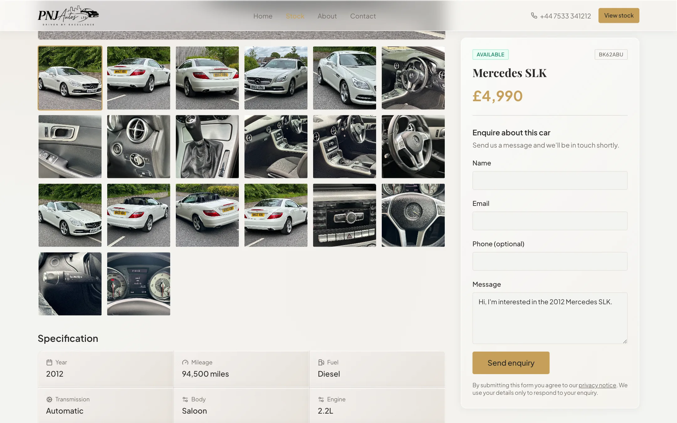 PNJ Autos car detail — enquiry section on desktop
