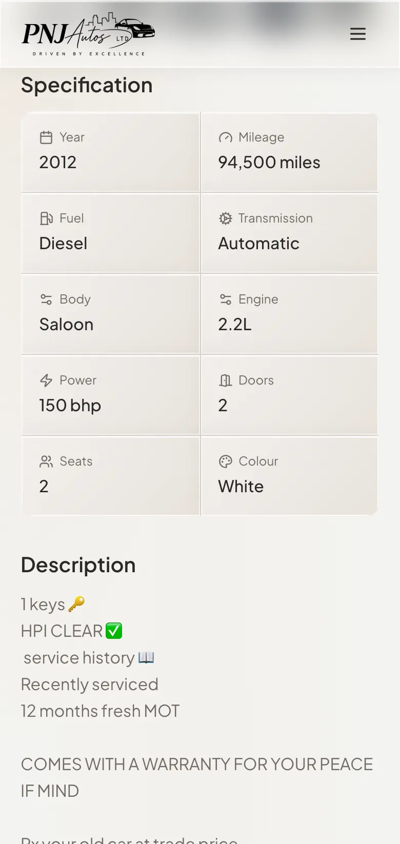 PNJ Autos car detail — enquiry section on mobile